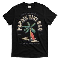 Papa's Tiki Bar Vintage Surfboard Dad Palm Tree Beach Funny T-Shirt