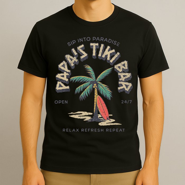 Papa's Tiki Bar Vintage Surfboard Dad Palm Tree Beach Funny T-Shirt