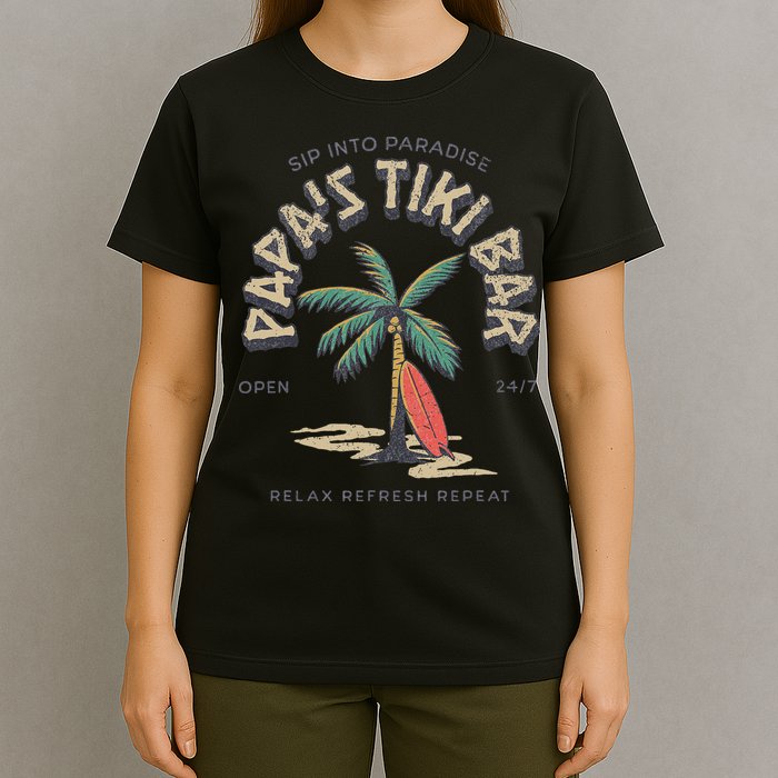 Papa's Tiki Bar Vintage Surfboard Dad Palm Tree Beach Funny T-Shirt