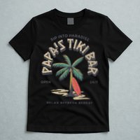 Papa's Tiki Bar Vintage Surfboard Dad Palm Tree Beach Funny T-Shirt