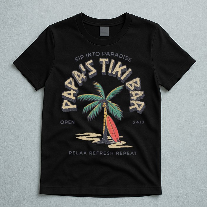 Papa's Tiki Bar Vintage Surfboard Dad Palm Tree Beach Funny T-Shirt