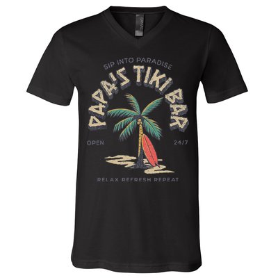 Papa's Tiki Bar Vintage Surfboard Dad Palm Tree Beach Funny V-Neck T-Shirt