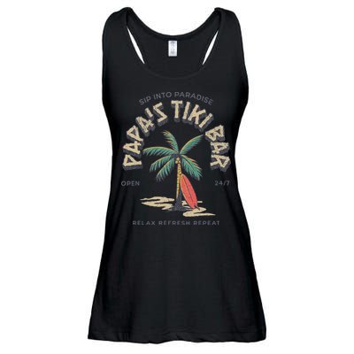 Papa's Tiki Bar Vintage Surfboard Dad Palm Tree Beach Funny Ladies Essential Flowy Tank