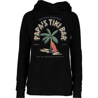 Papa's Tiki Bar Vintage Surfboard Dad Palm Tree Beach Funny Womens Funnel Neck Pullover Hood