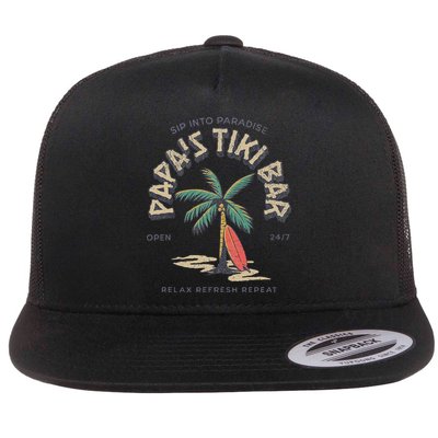 Papa's Tiki Bar Vintage Surfboard Dad Palm Tree Beach Funny Flat Bill Trucker Hat