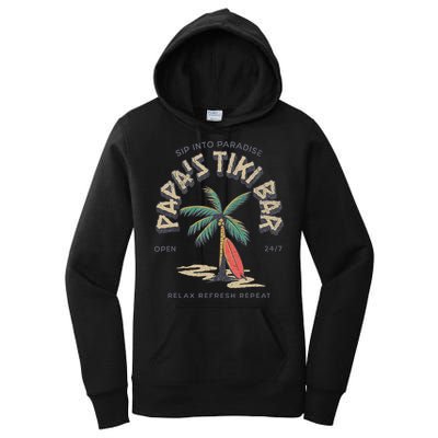 Papa's Tiki Bar Vintage Surfboard Dad Palm Tree Beach Funny Women's Pullover Hoodie