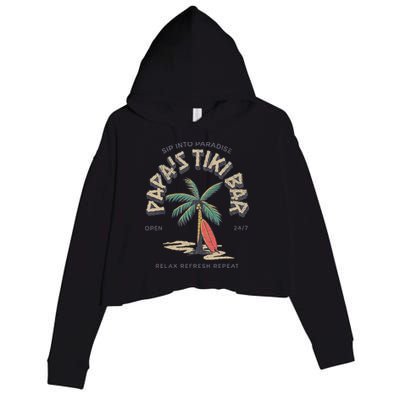 Papa's Tiki Bar Vintage Surfboard Dad Palm Tree Beach Funny Crop Fleece Hoodie