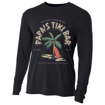 Papa's Tiki Bar Vintage Surfboard Dad Palm Tree Beach Funny Cooling Performance Long Sleeve Crew