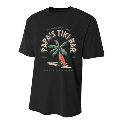 Papa's Tiki Bar Vintage Surfboard Dad Palm Tree Beach Funny Youth Performance Sprint T-Shirt