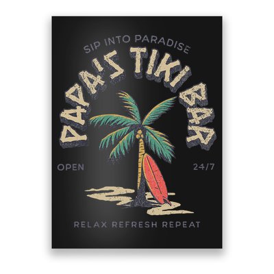 Papa's Tiki Bar Vintage Surfboard Dad Palm Tree Beach Funny Poster