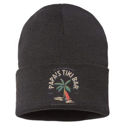 Papa's Tiki Bar Vintage Surfboard Dad Palm Tree Beach Funny Sustainable Knit Beanie