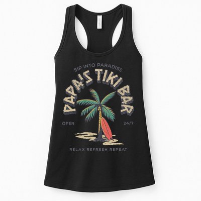Papa's Tiki Bar Vintage Surfboard Dad Palm Tree Beach Funny Womens Tank Top