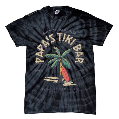 Papa's Tiki Bar Vintage Surfboard Dad Palm Tree Beach Funny Tie-Dye T-Shirt