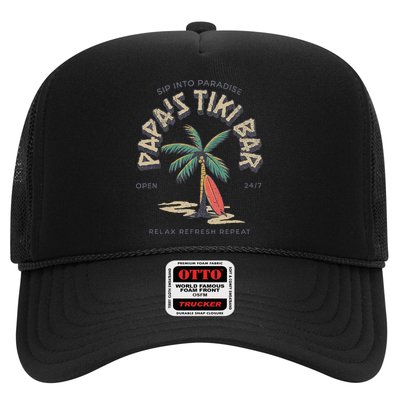 Papa's Tiki Bar Vintage Surfboard Dad Palm Tree Beach Funny Hat