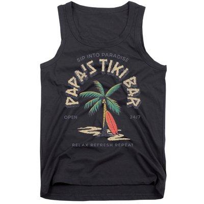 Papa's Tiki Bar Vintage Surfboard Dad Palm Tree Beach Funny Tank Top
