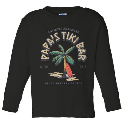 Papa's Tiki Bar Vintage Surfboard Dad Palm Tree Beach Funny Toddler Long Sleeve Shirt