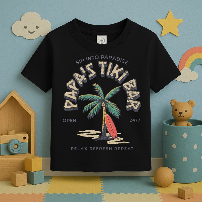 Papa's Tiki Bar Vintage Surfboard Dad Palm Tree Beach Funny Toddler T-Shirt