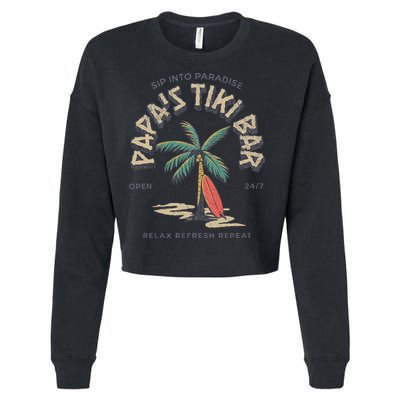 Papa's Tiki Bar Vintage Surfboard Dad Palm Tree Beach Funny Cropped Pullover Crew
