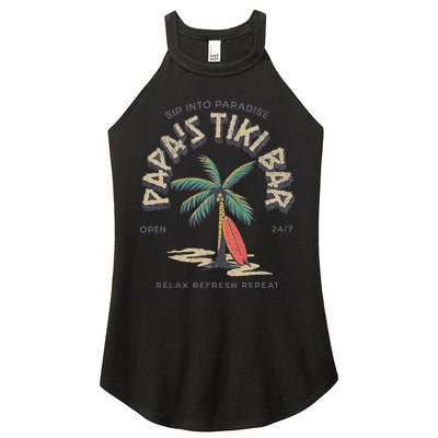 Papa's Tiki Bar Vintage Surfboard Dad Palm Tree Beach Funny Women's Perfect Tri Rocker Tank