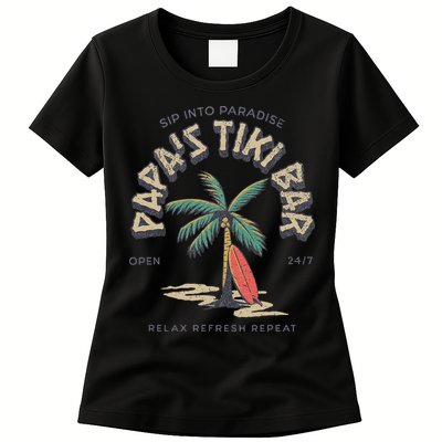 Papa's Tiki Bar Vintage Surfboard Dad Palm Tree Beach Funny Womens T-Shirt