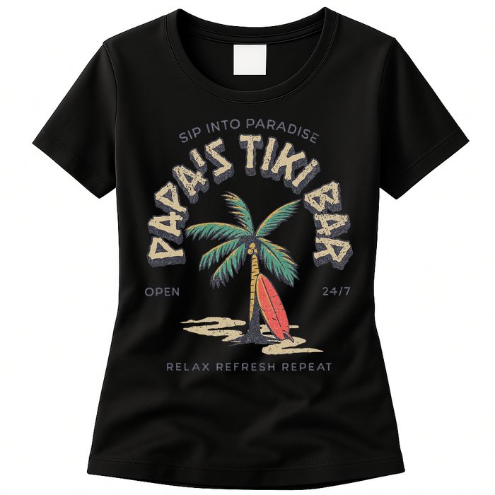 Papa's Tiki Bar Vintage Surfboard Dad Palm Tree Beach Funny Womens T-Shirt