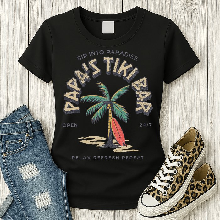 Papa's Tiki Bar Vintage Surfboard Dad Palm Tree Beach Funny Womens T-Shirt