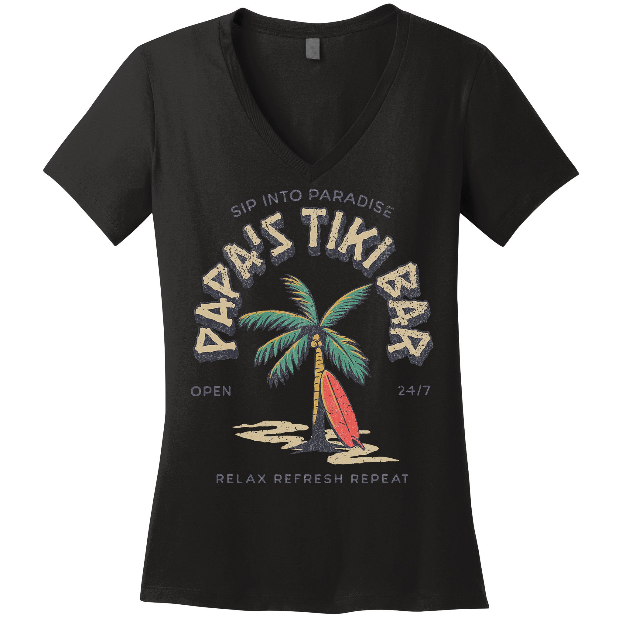 Papa's Tiki Bar Vintage Surfboard Dad Palm Tree Beach Funny Women's V-Neck T-Shirt