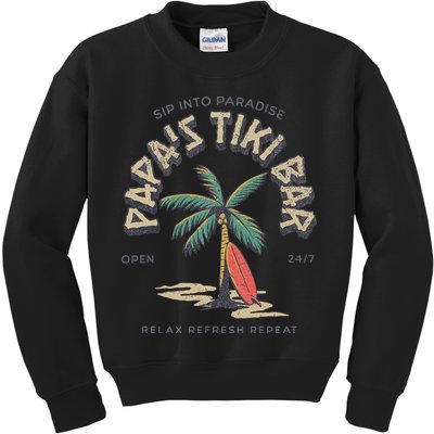 Papa's Tiki Bar Vintage Surfboard Dad Palm Tree Beach Funny Kids Sweatshirt
