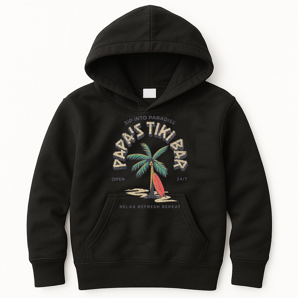 Papa's Tiki Bar Vintage Surfboard Dad Palm Tree Beach Funny Kids Hoodie
