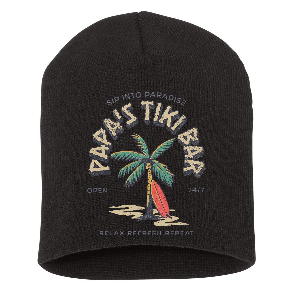 Papa's Tiki Bar Vintage Surfboard Dad Palm Tree Beach Funny Short Acrylic Beanie