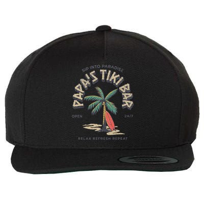 Papa's Tiki Bar Vintage Surfboard Dad Palm Tree Beach Funny Wool Snapback Cap