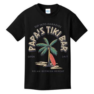 Papa's Tiki Bar Vintage Surfboard Dad Palm Tree Beach Funny Kids T-Shirt