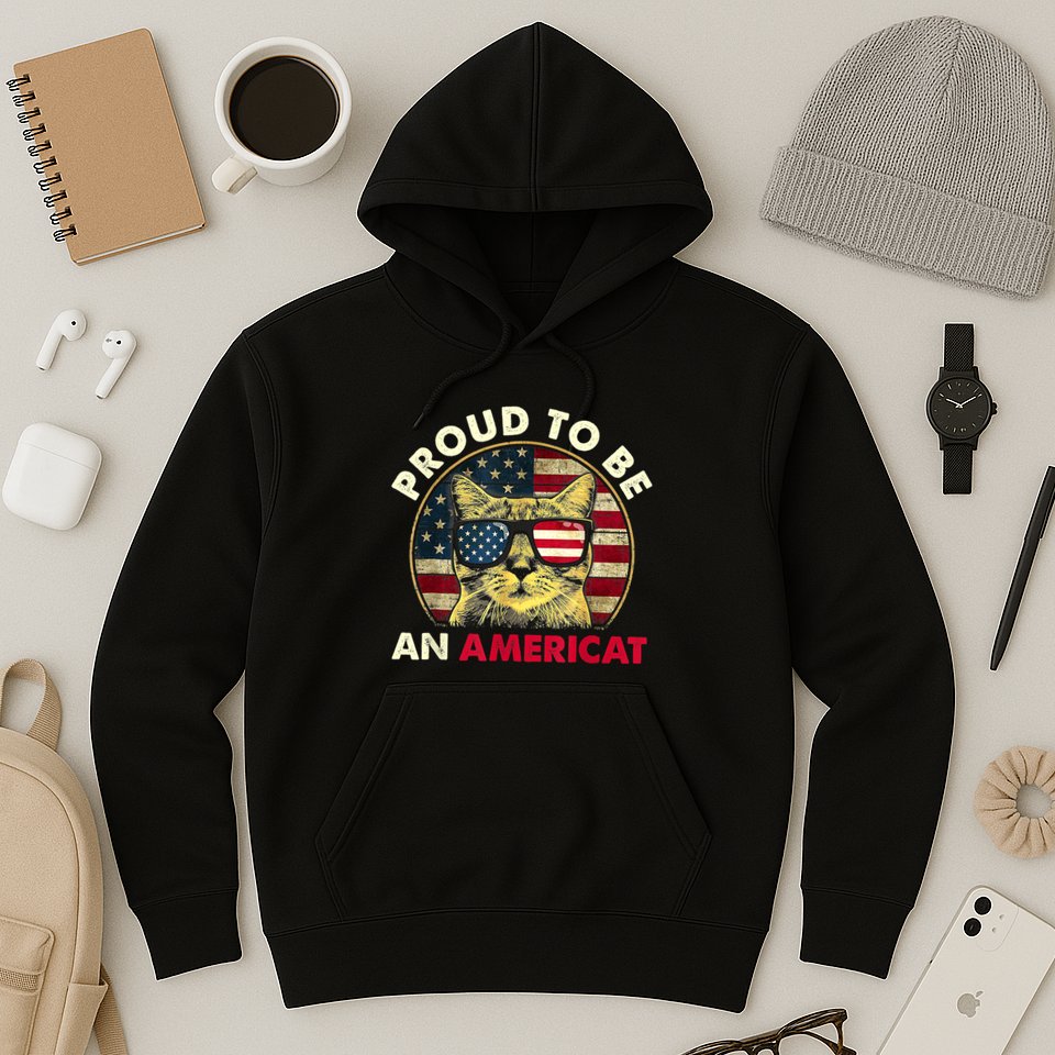 Proud To Be An Americat Funny Cat American Flag 4th Of July Hoodie