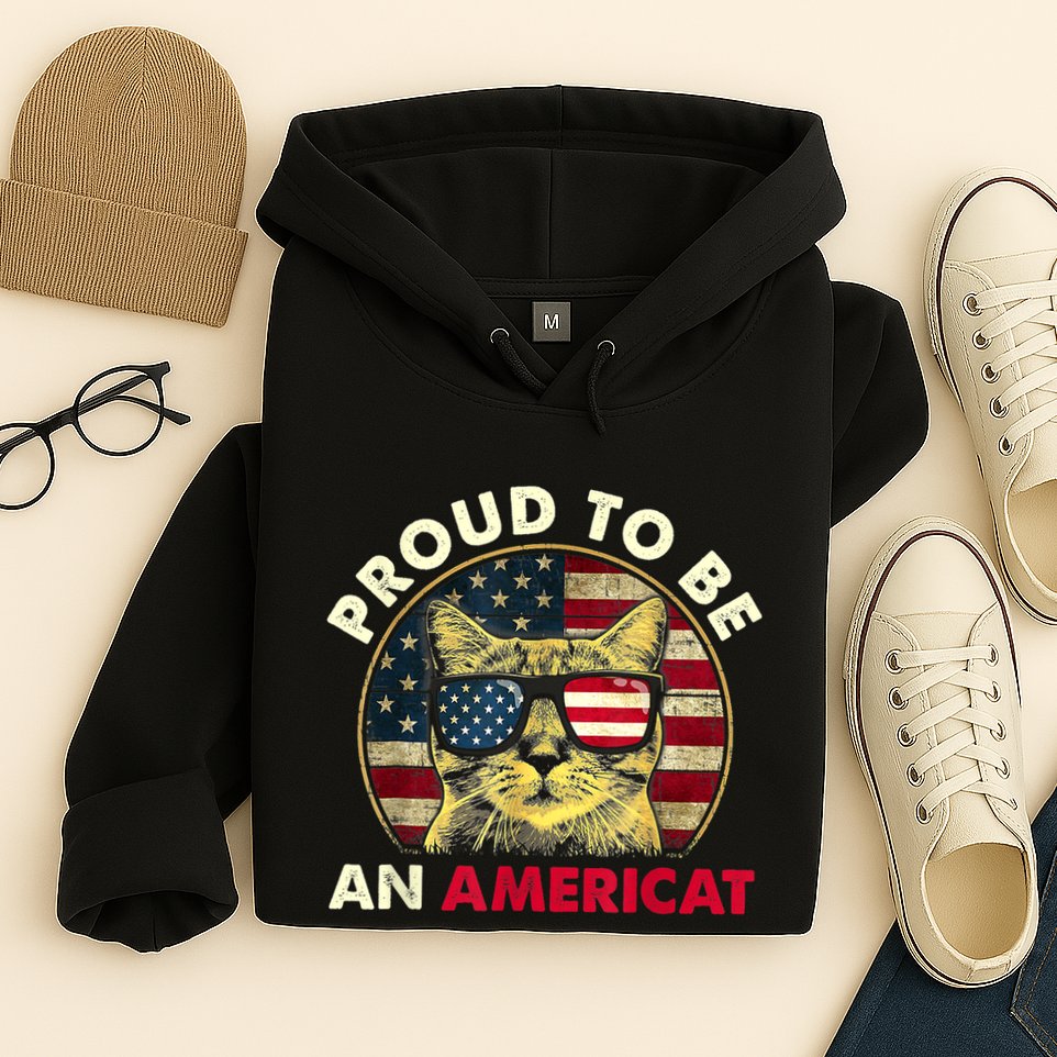Proud To Be An Americat Funny Cat American Flag 4th Of July Hoodie