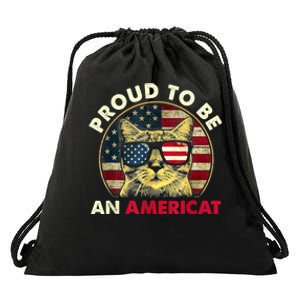 Proud To Be An Americat Funny Cat American Flag 4th Of July Drawstring Bag