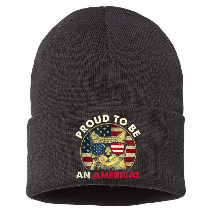 Proud To Be An Americat Funny Cat American Flag 4th Of July Sustainable Knit Beanie