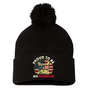 Proud To Be An Americat Funny Cat American Flag 4th Of July Pom Pom 12in Knit Beanie