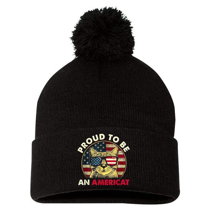 Proud To Be An Americat Funny Cat American Flag 4th Of July Pom Pom 12in Knit Beanie