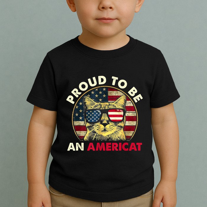 Proud To Be An Americat Funny Cat American Flag 4th Of July Toddler T-Shirt