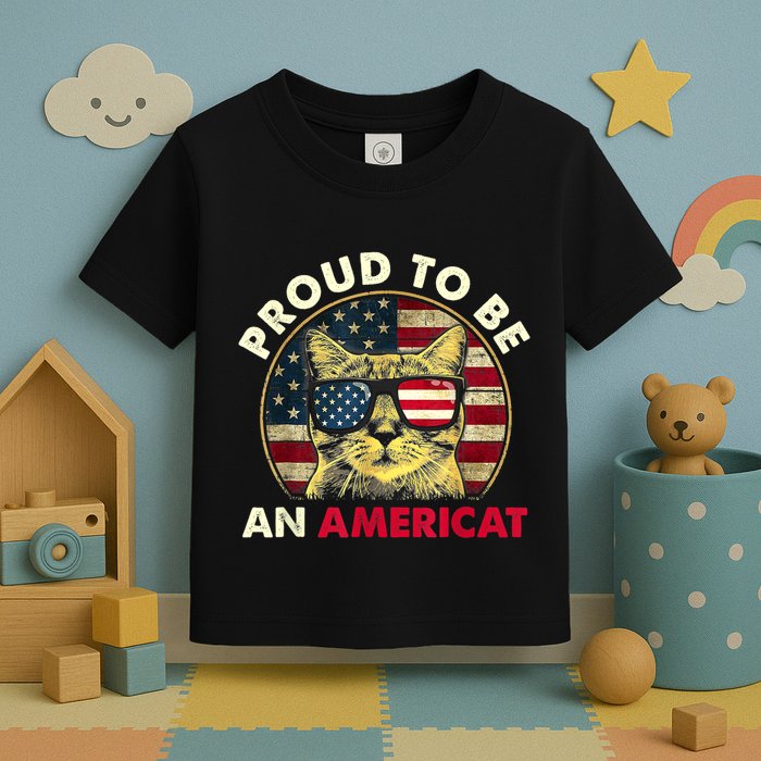 Proud To Be An Americat Funny Cat American Flag 4th Of July Toddler T-Shirt