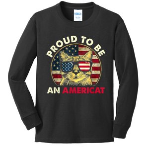 Proud To Be An Americat Funny Cat American Flag 4th Of July Kids Long Sleeve Shirt