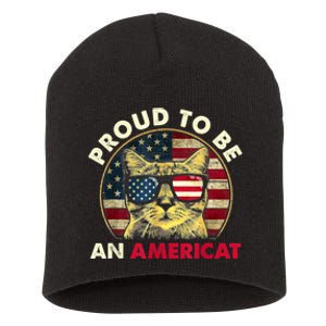 Proud To Be An Americat Funny Cat American Flag 4th Of July Short Acrylic Beanie