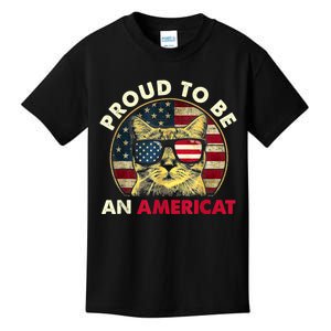 Proud To Be An Americat Funny Cat American Flag 4th Of July Kids T-Shirt