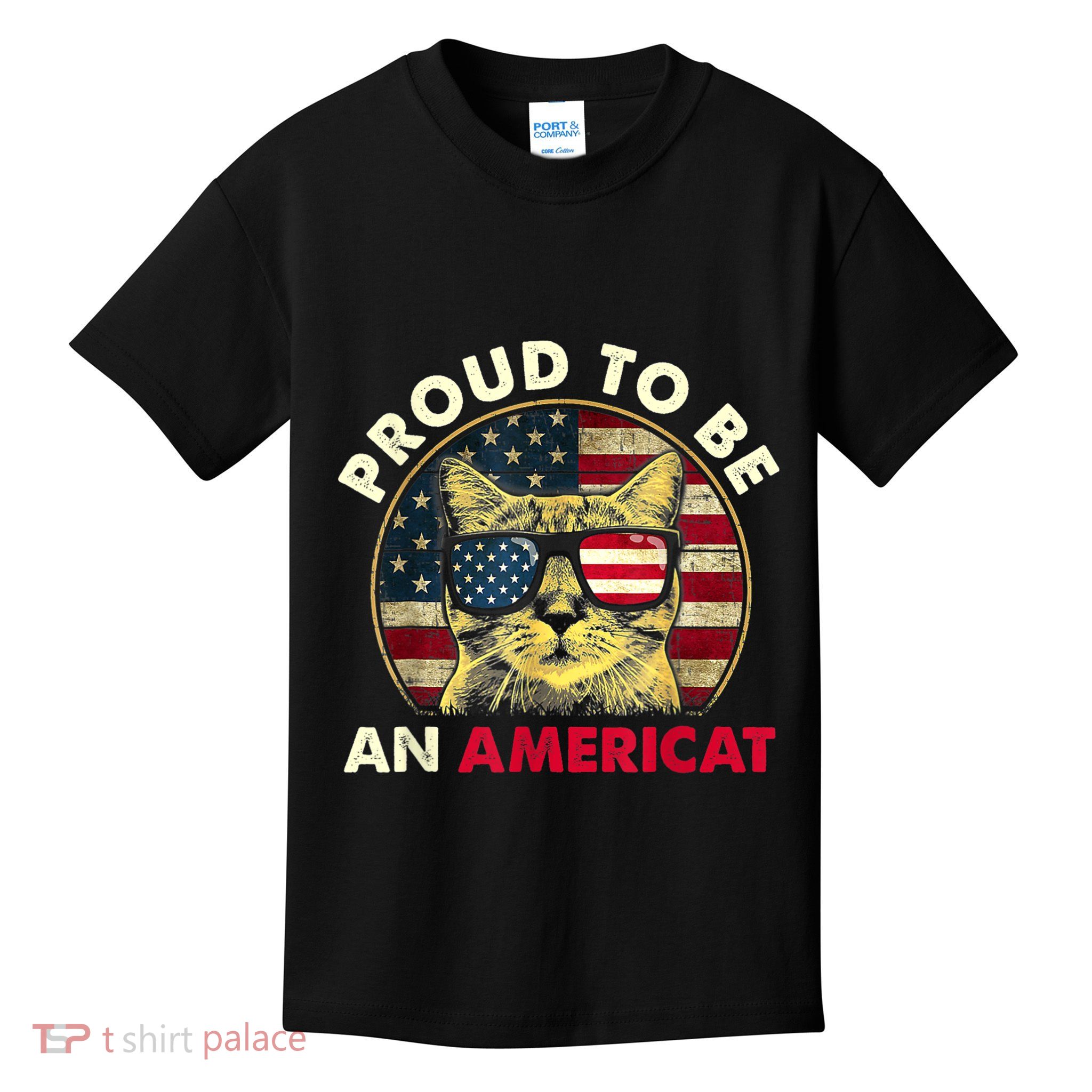 Proud To Be An Americat Funny Cat American Flag 4th Of July Kids T-Shirt