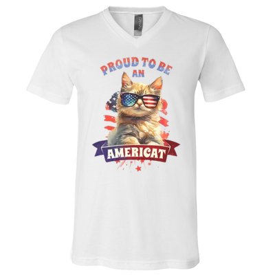 Proud To Be Americat Cute Cat Usa V-Neck T-Shirt