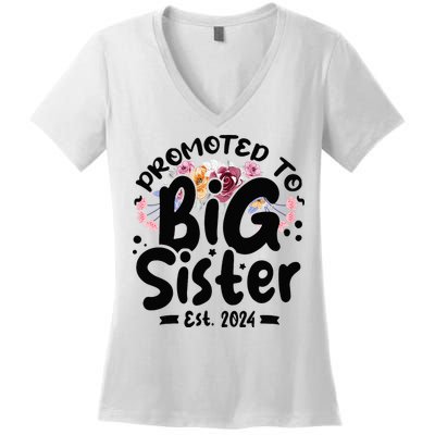 Promoted To Big Sister 2024 Cute Big Sister Kids Floral Women's V-Neck T-Shirt