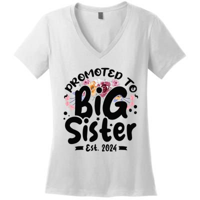 Promoted To Big Sister 2024 Cute Big Sister Kids Floral Women's V-Neck T-Shirt