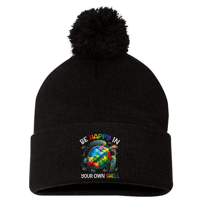 Puzzle Turtle Be Happy In Your Own Shell Autism Awareness Pom Pom 12in Knit Beanie