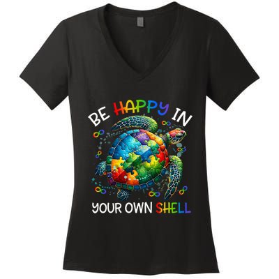 Puzzle Turtle Be Happy In Your Own Shell Autism Awareness Women's V-Neck T-Shirt