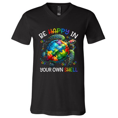 Puzzle Turtle Be Happy In Your Own Shell Autism Awareness V-Neck T-Shirt